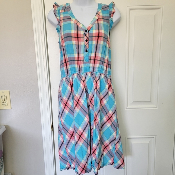 Kensie Blue Pink Plaid Ruffled Sleeveless Sundress V Neck Fit Flare Size Small - Picture 2 of 12